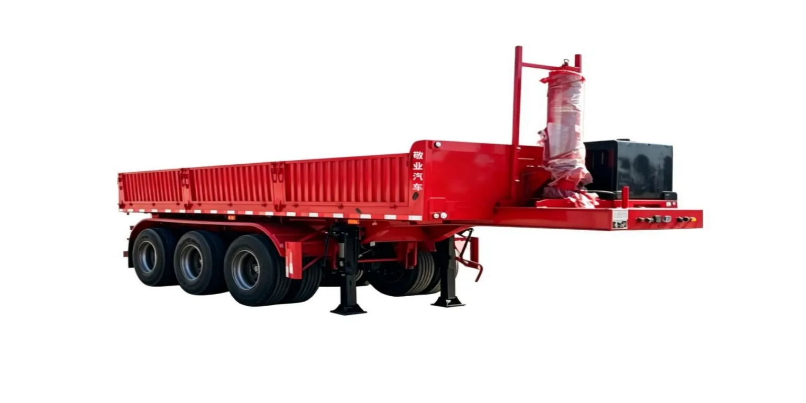 Red rear tipper semi trailer with dropside panels and landing legs, three axles