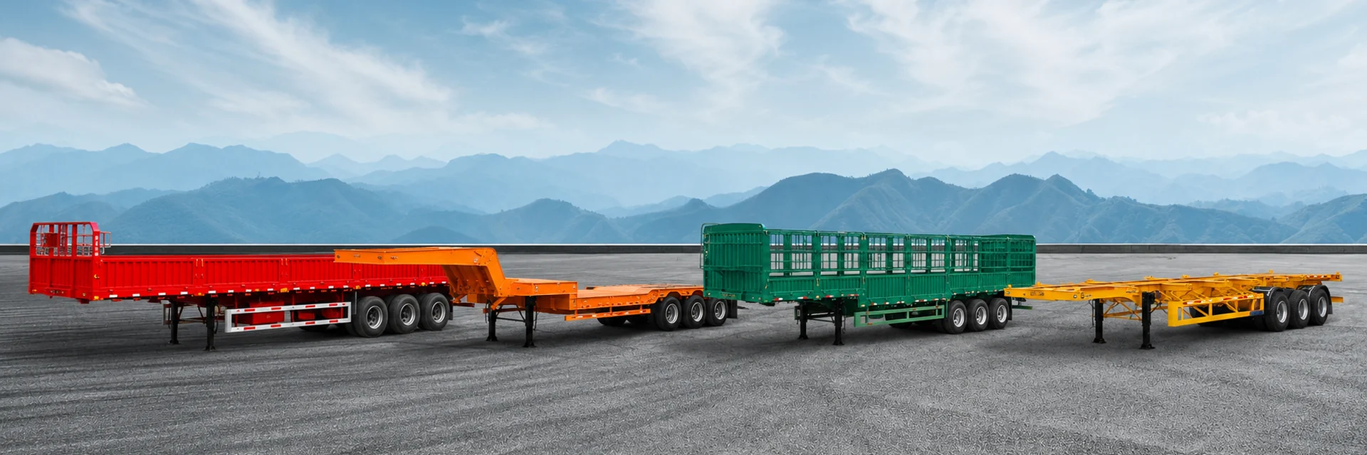 Four Jingye semi trailer types lined up side by side