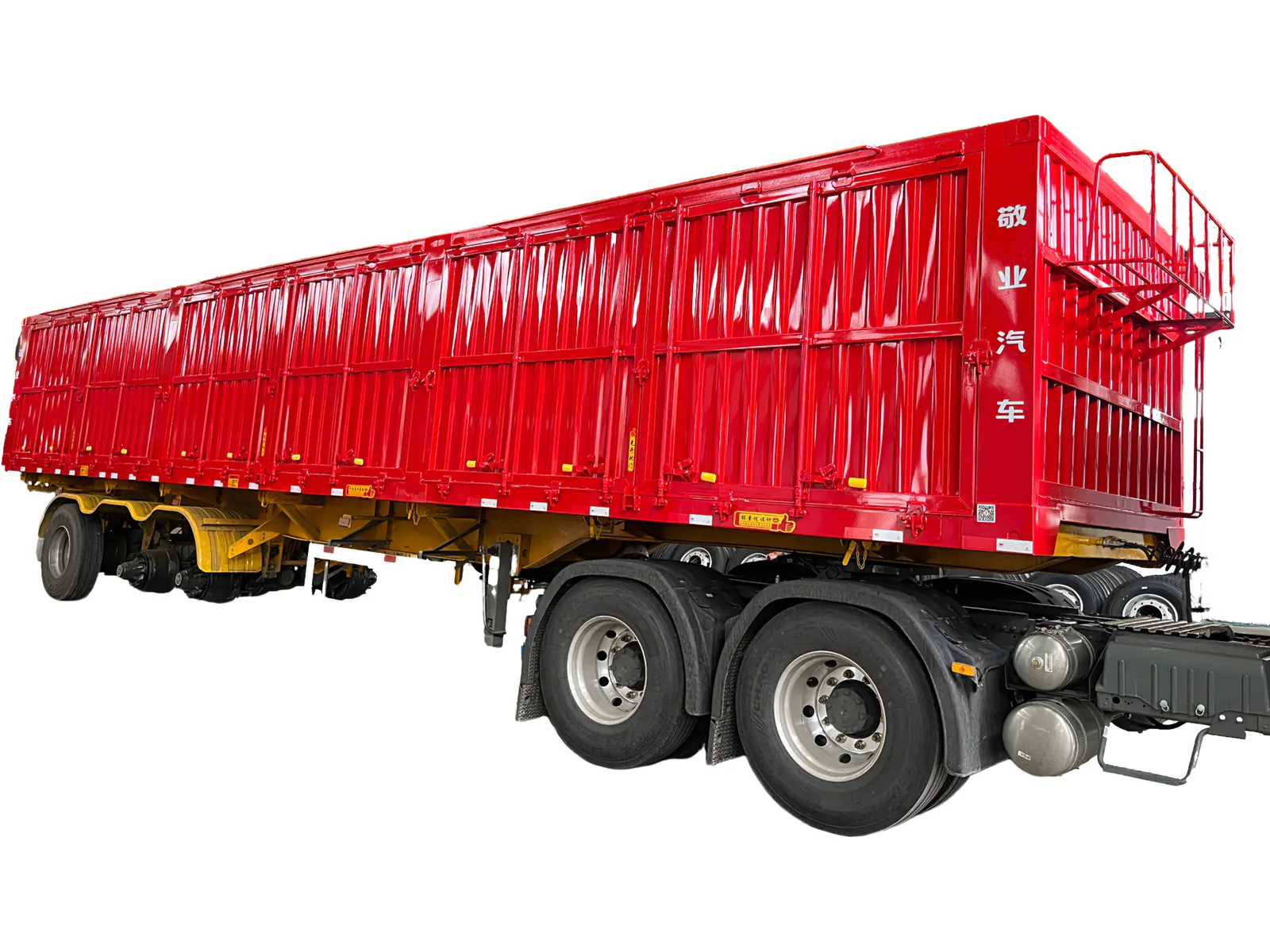 Full side view of a red Jingye semi trailer with three axles and a rear access ladder