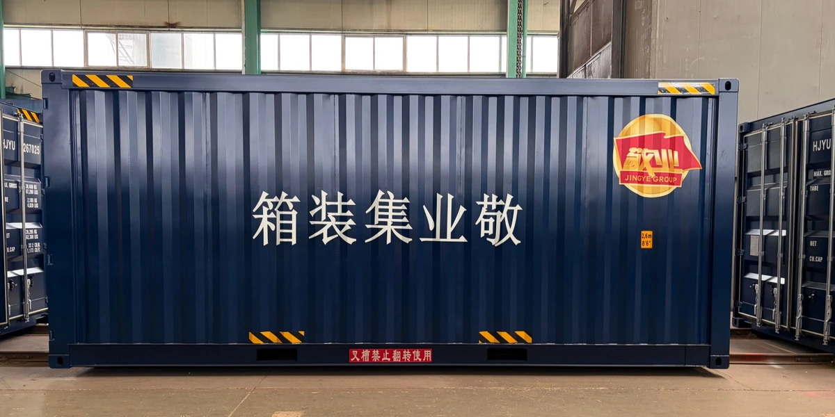 Side view of a twenty-foot dry cargo container built by Jingye