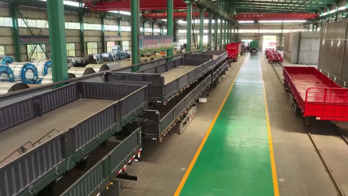 Trailers lined up along the assembly line under the overhead gantry cranes